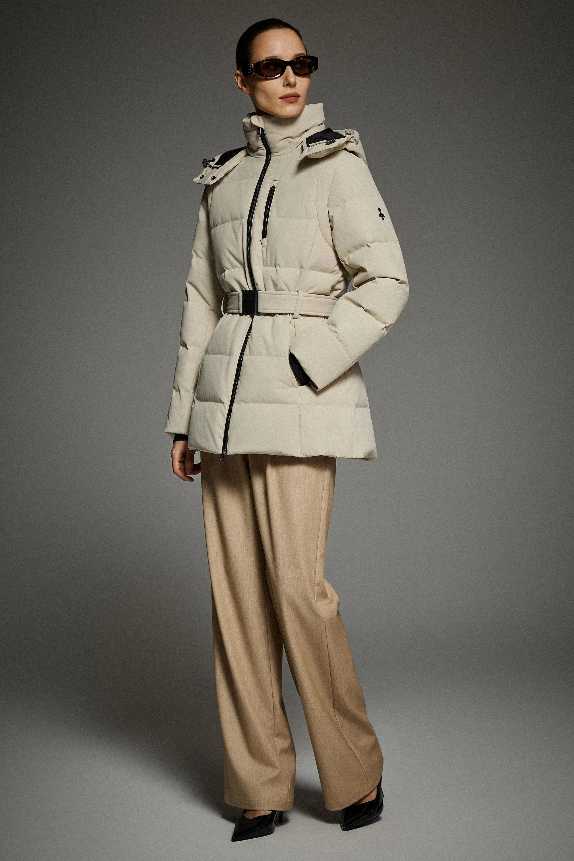 Weatherproof Barrier Neutral Fit Design Celeste Polished Edge Belted Hooded Down Jacket