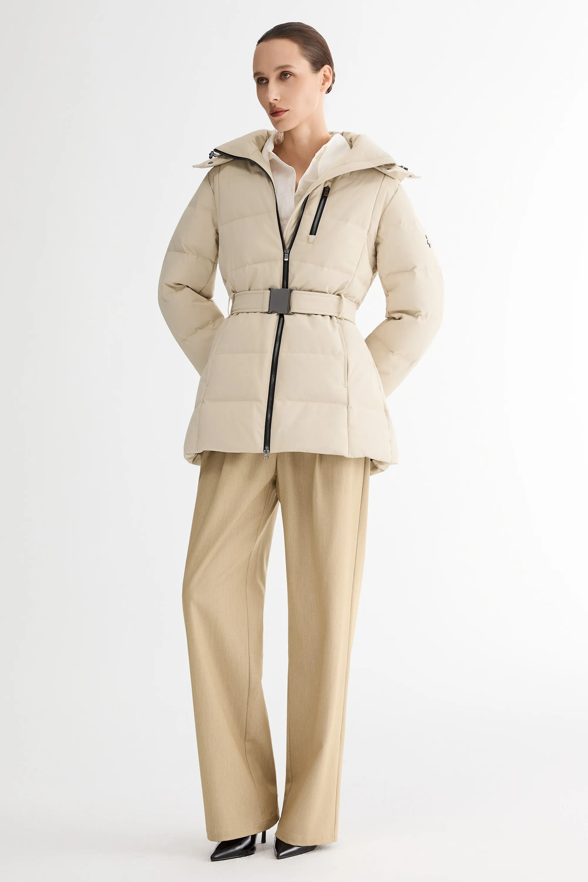 Celeste Polished Edge Belted Hooded Down Jacket Odor Resistant Lining Durable Outer Layer