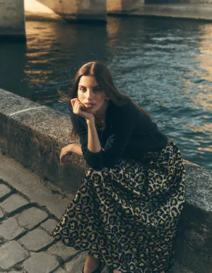 High Street Fashion Creative Layering Verity Jacquard Midi Skirt-Leopard Print