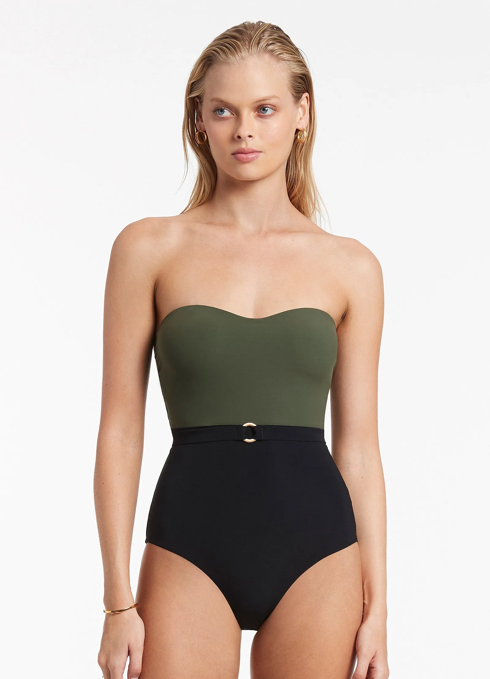 Versa Bandeau One Piece - Olive Flat Lock Stitching