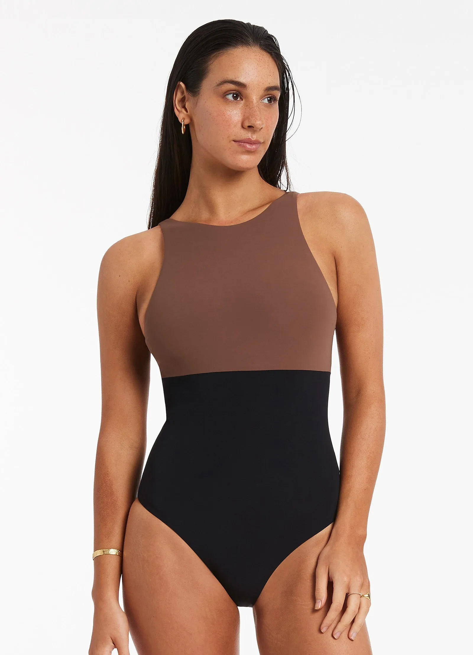 Laser Cut Edges Versa High Neck One Piece - Latte