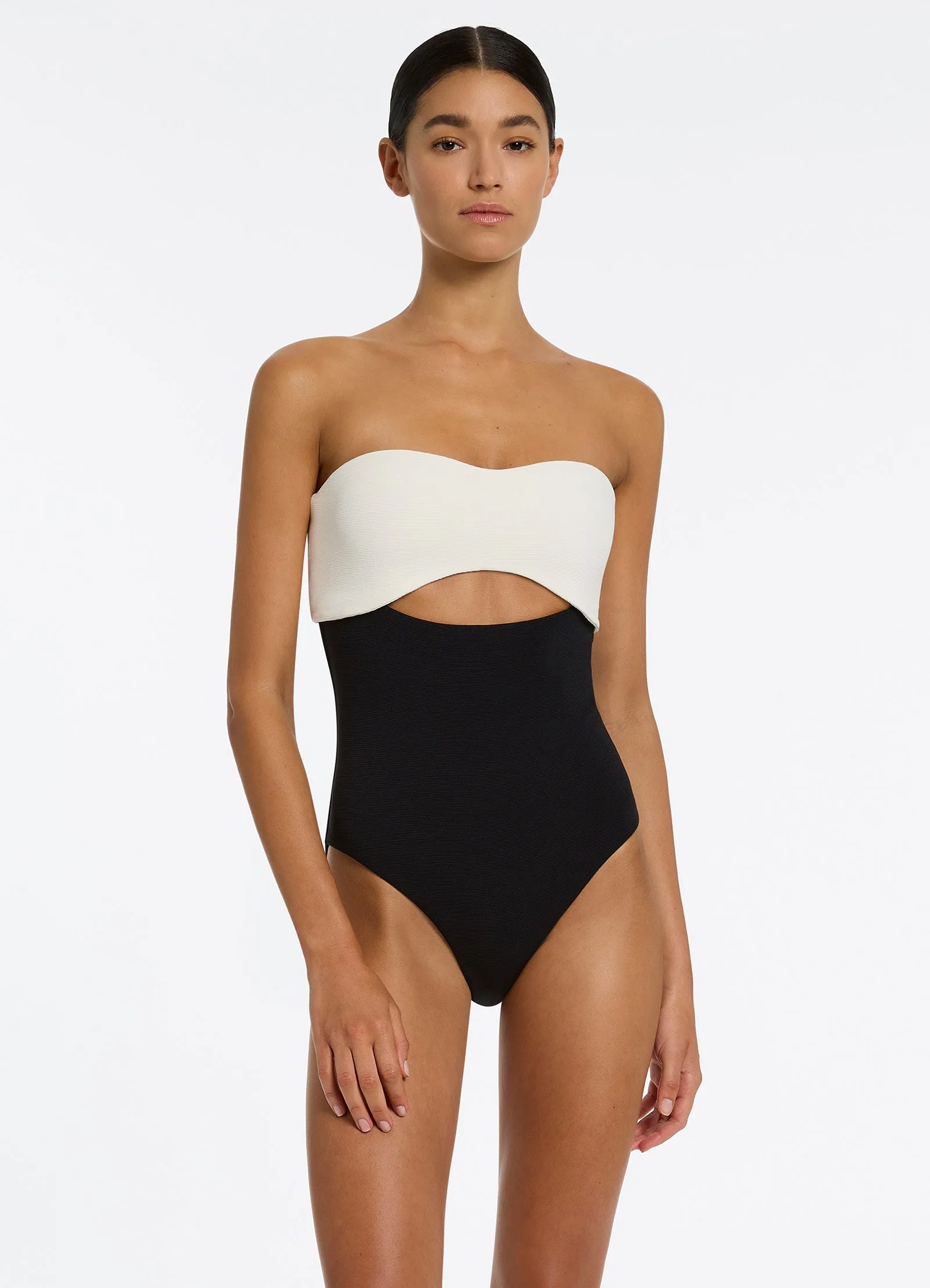 Shimmer-Effect Adventure Seeker Versa Rib Cut Out Bandeau One Piece - Black/Cream