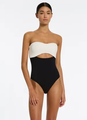 Shimmer-Effect Adventure Seeker Versa Rib Cut Out Bandeau One Piece - Black/Cream