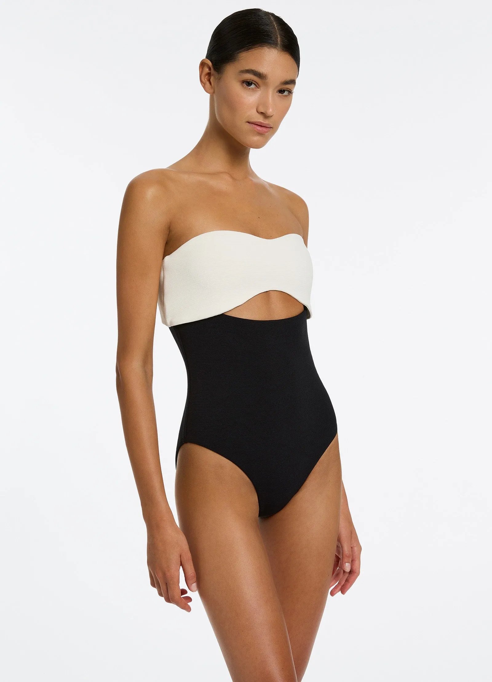 Abstract-Art Versa Rib Cut Out Bandeau One Piece - Black/Cream