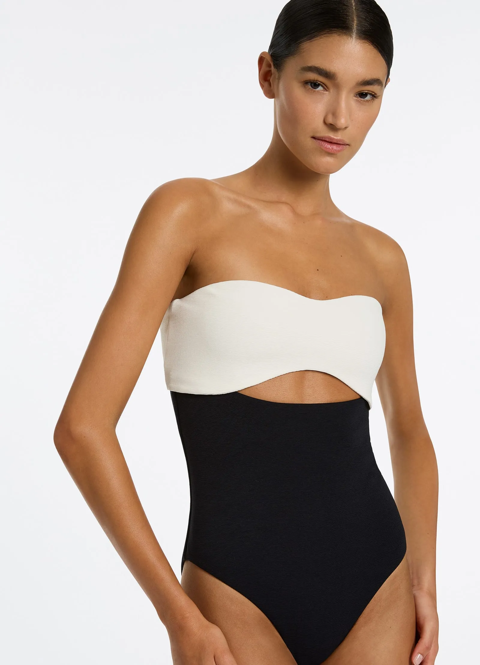 Sunny Swimwear Holiday-Essentials Versa Rib Cut Out Bandeau One Piece - Black/Cream