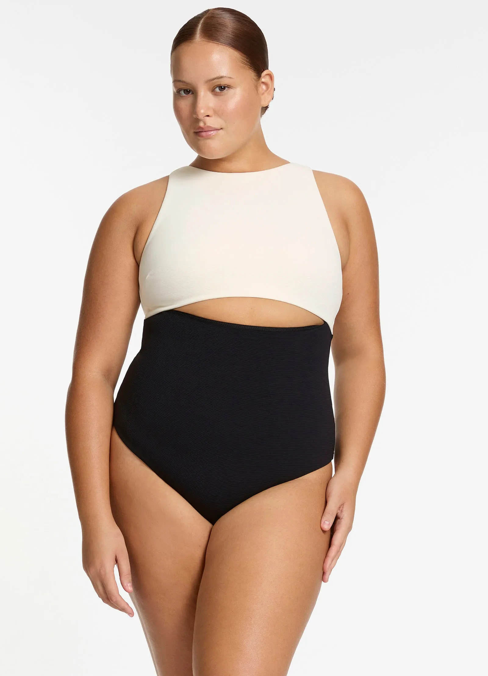 Quick Pull Zipper Buttery Soft Texture Versa Rib Cut Out High Neck One Piece - Black/Cream