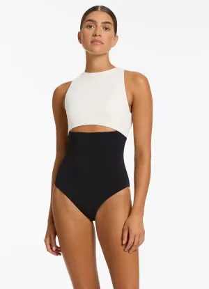 Versa Rib Cut Out High Neck One Piece - Black/Cream Chafe-free