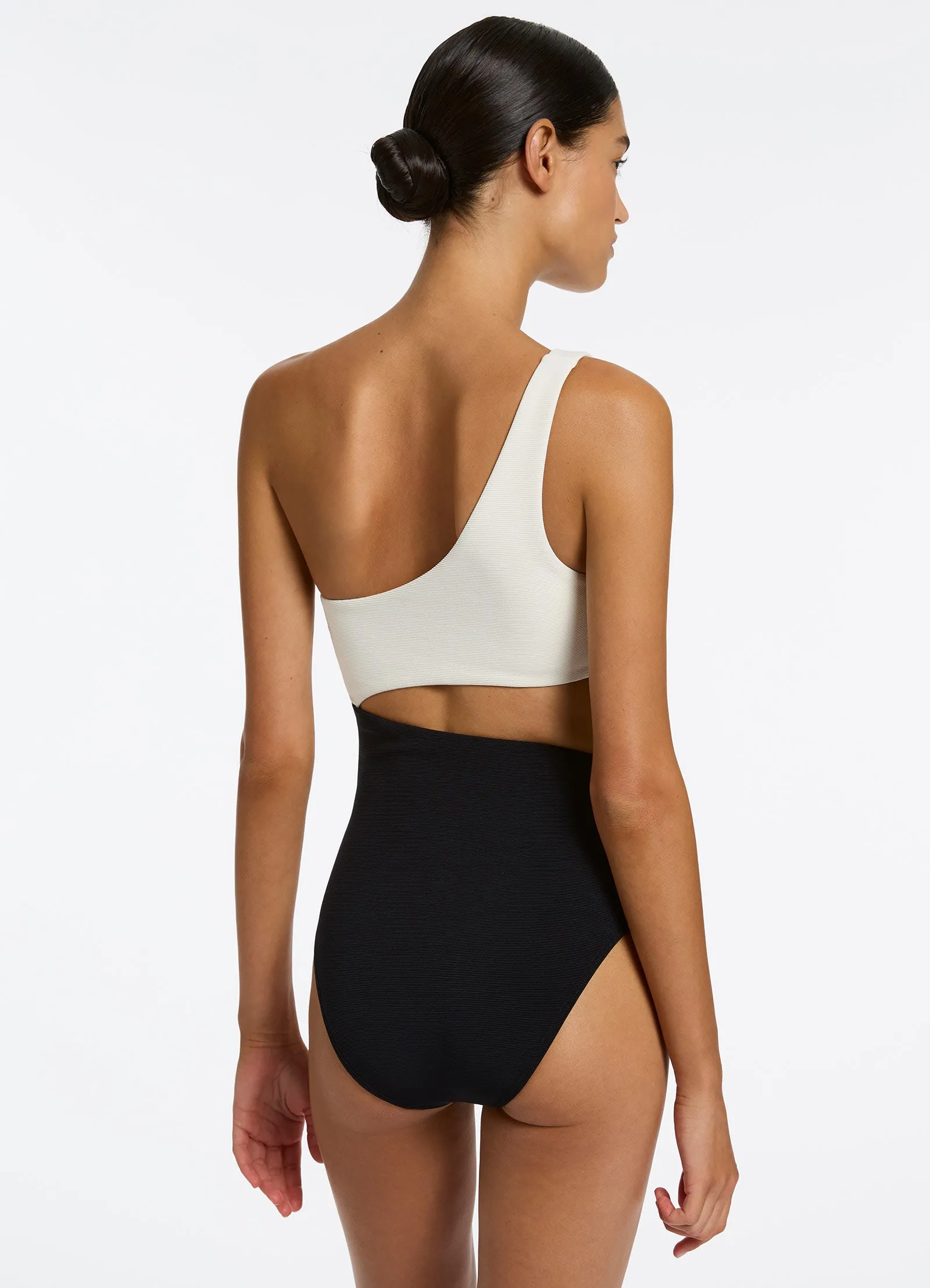 Weekend Outing Versa Rib One Shoulder One Piece - Black/Cream