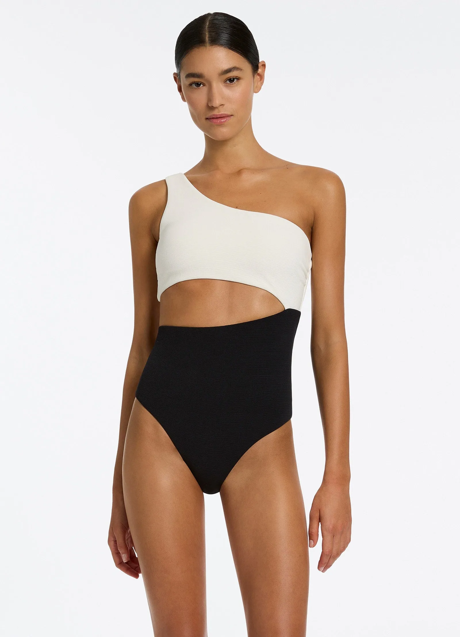 Laid-Back Vibes Versa Rib One Shoulder One Piece - Black/Cream