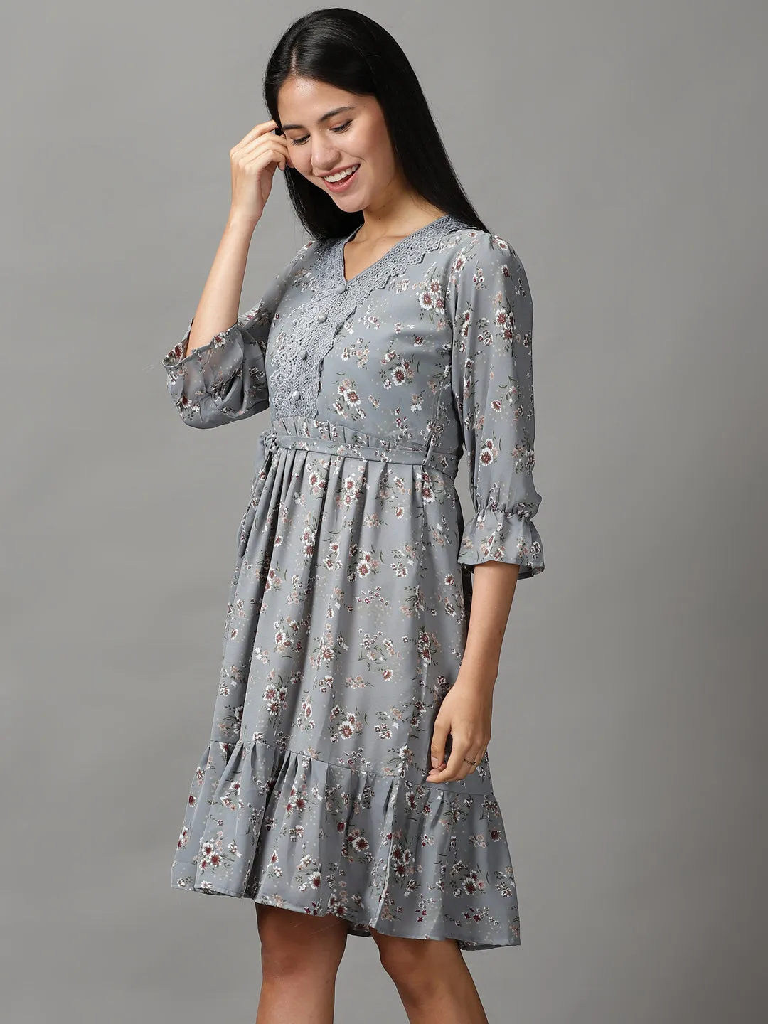 Women's Grey Floral Printed Fit & Flare Dress Puff-Sleeve