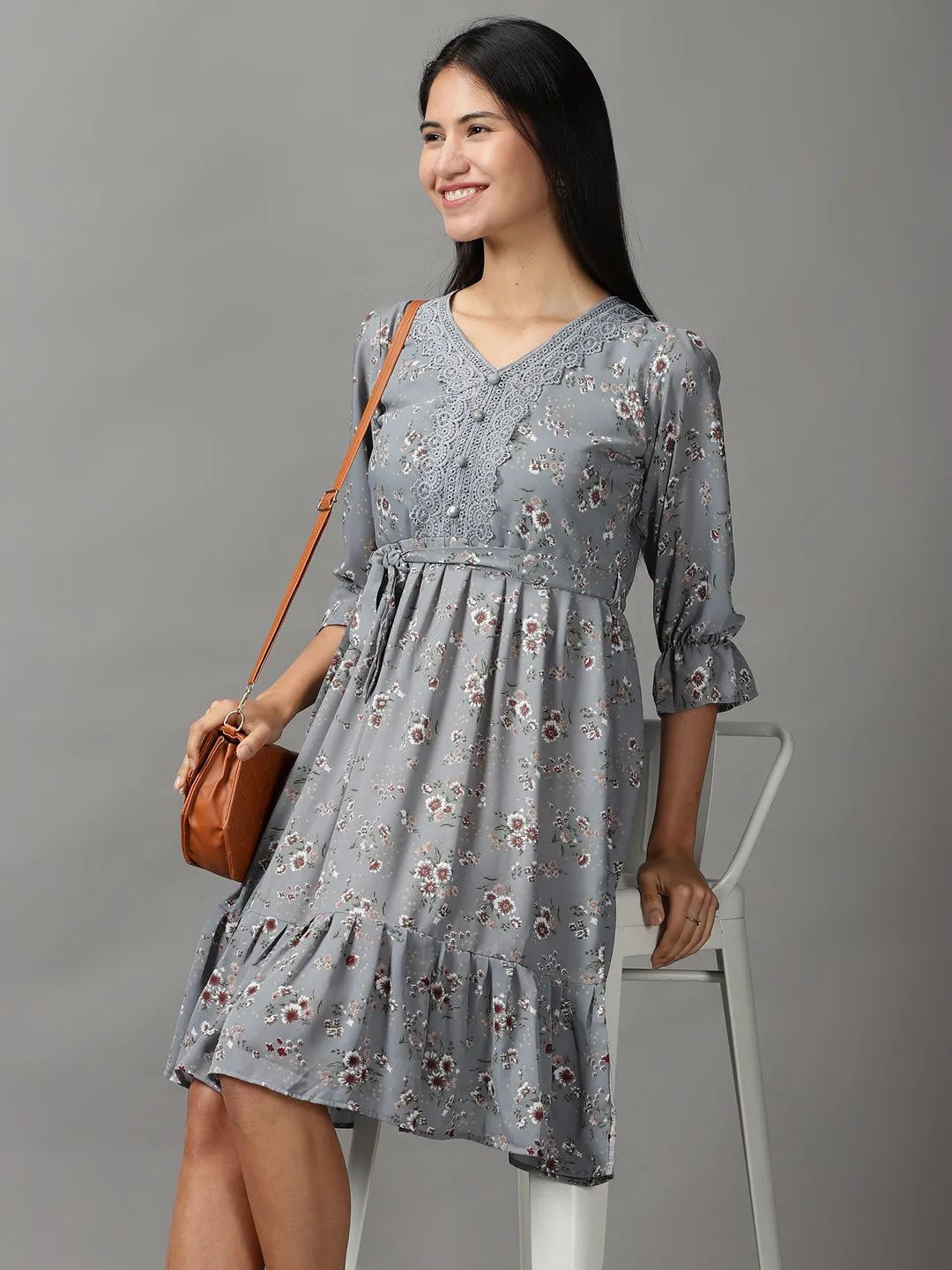 Effortless Touch Women's Grey Floral Printed Fit & Flare Dress