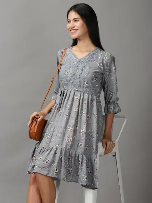 Effortless Touch Women's Grey Floral Printed Fit & Flare Dress