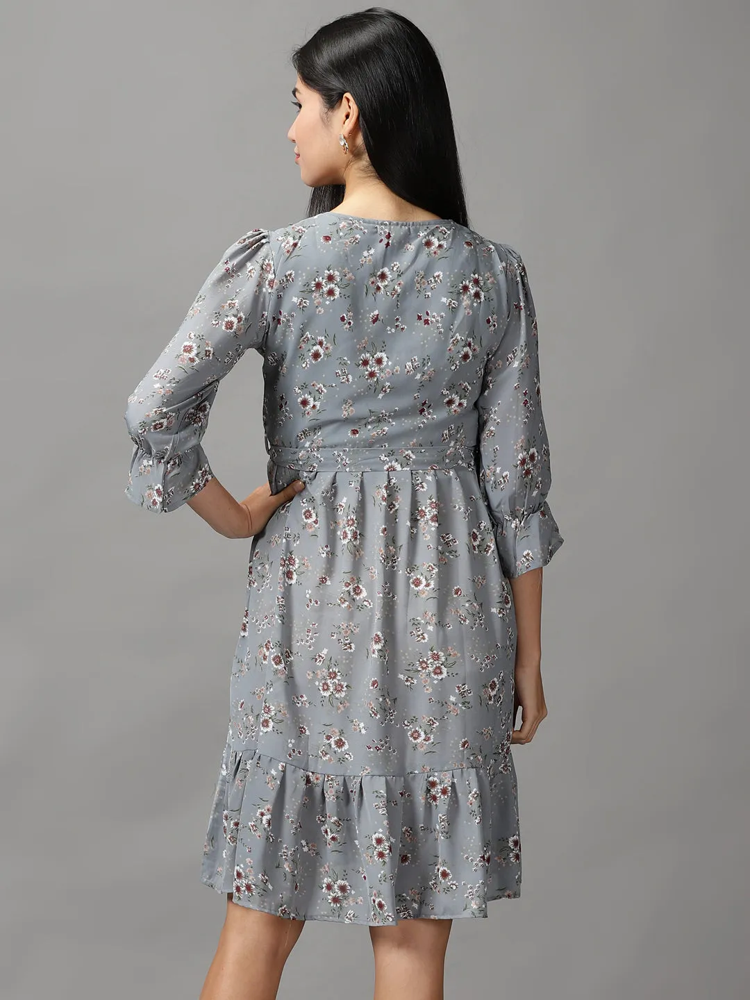 Women's Grey Floral Printed Fit & Flare Dress Subtle Flow Wave Soft