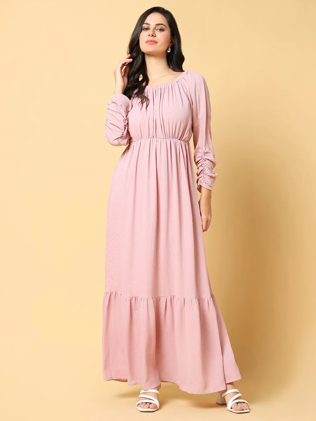 Lounge Feel Fresh Texture Women's Pink Puff Sleeves Fit & Flare Maxi Dress