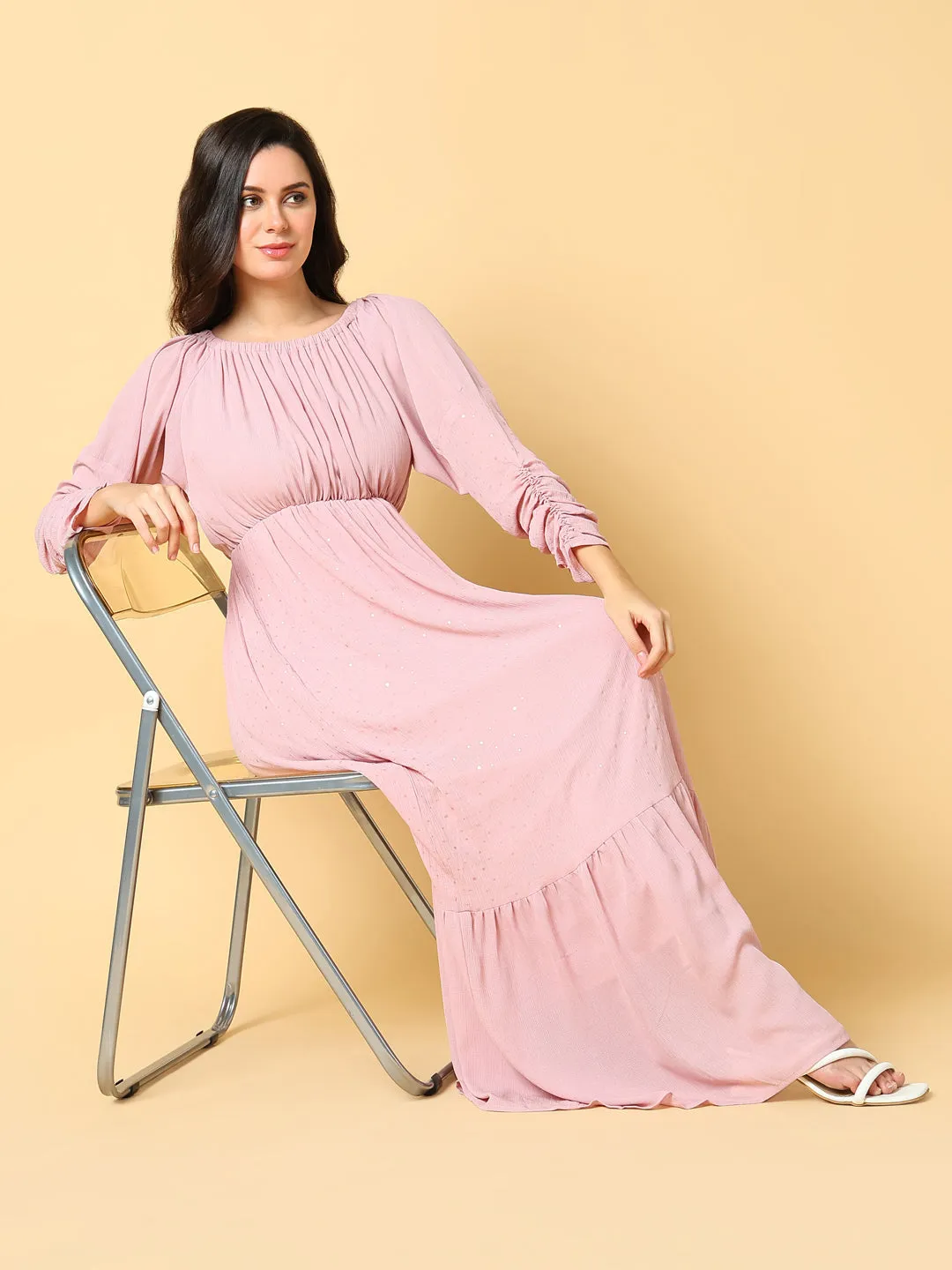 Women's Pink Puff Sleeves Fit & Flare Maxi Dress Flattering Cut