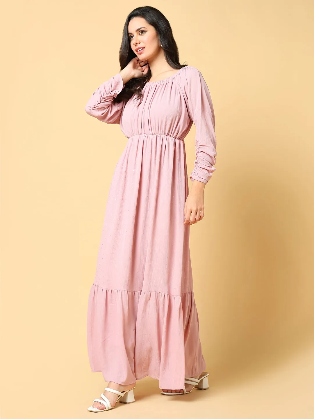 Women's Pink Puff Sleeves Fit & Flare Maxi Dress Blush Glow Sporty Comfort