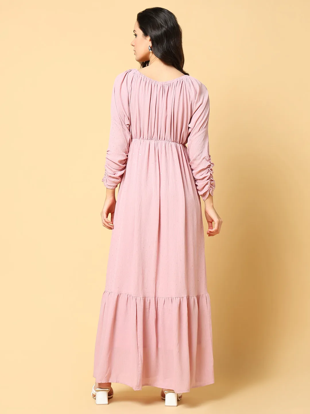 Dew Glow Women's Pink Puff Sleeves Fit & Flare Maxi Dress