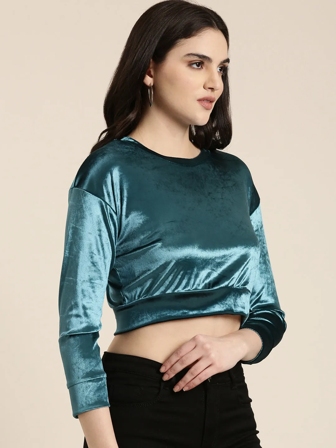 Women's Teal Round Neck Velvet Crop Top Comfortable All Day Wear Stylish Wear