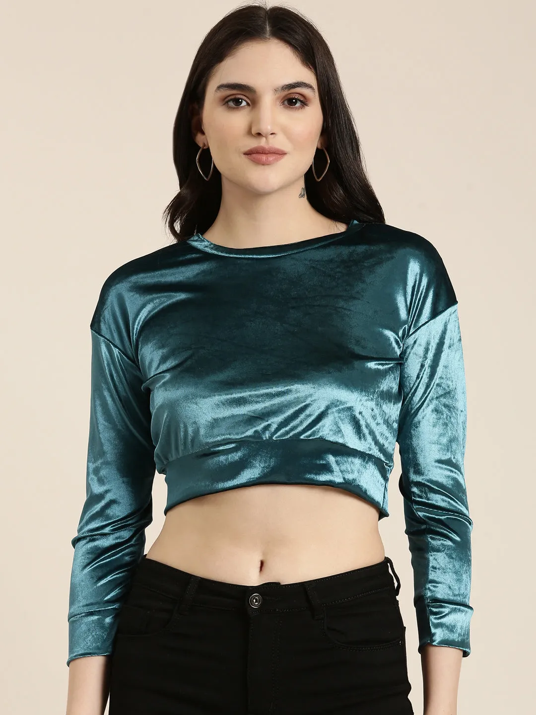 Women's Teal Round Neck Velvet Crop Top Anti Static Finish