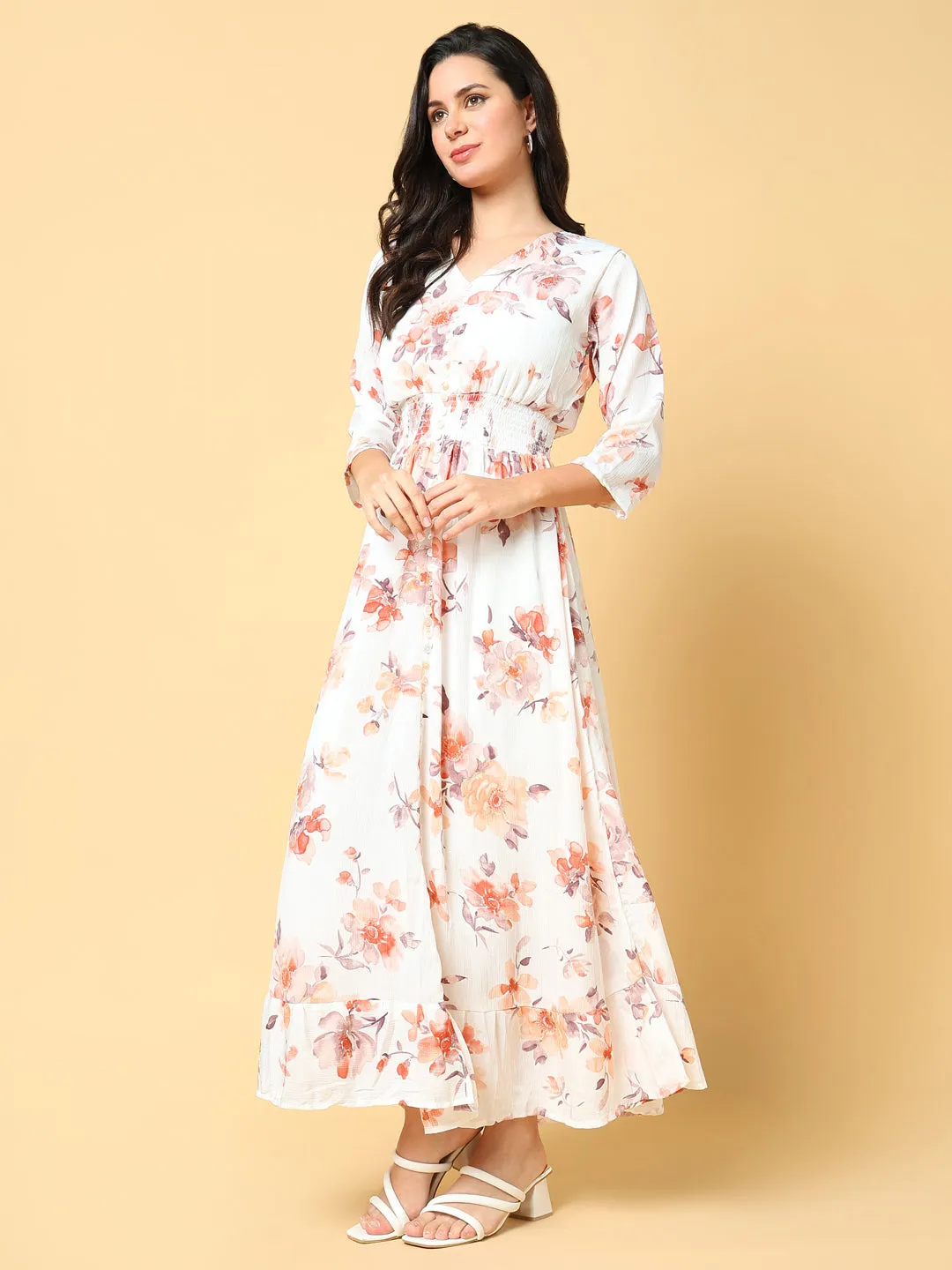 Sophisticated Waistband Fit Women's Peach Floral Printed Fit & Flare Maxi Dress