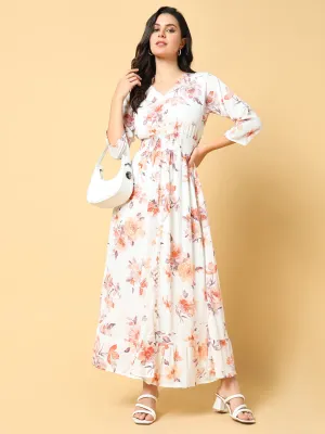Pleat Breeze Women's Peach Floral Printed Fit & Flare Maxi Dress