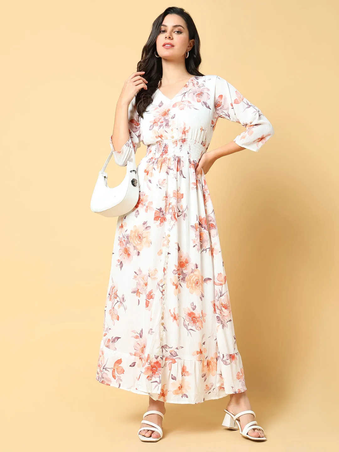 Pleat Breeze Women's Peach Floral Printed Fit & Flare Maxi Dress