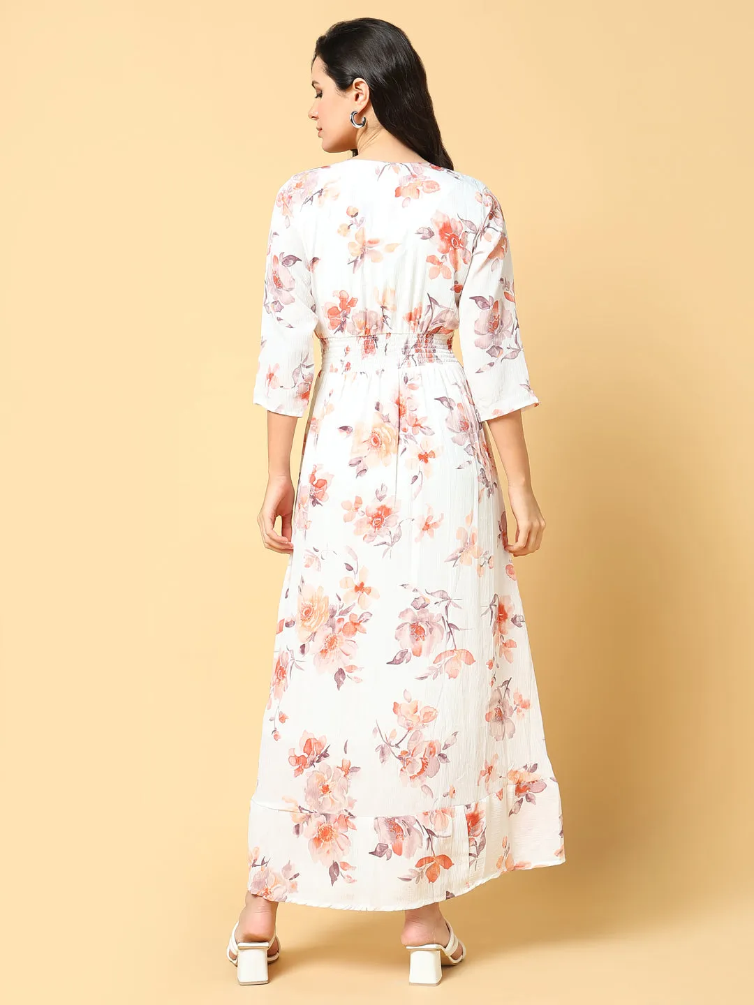 Sharp Style Night Mood Women's Peach Floral Printed Fit & Flare Maxi Dress