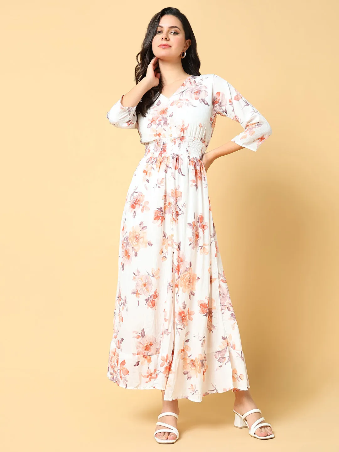 Chill Vibes Elegant Look Women's Peach Floral Printed Fit & Flare Maxi Dress