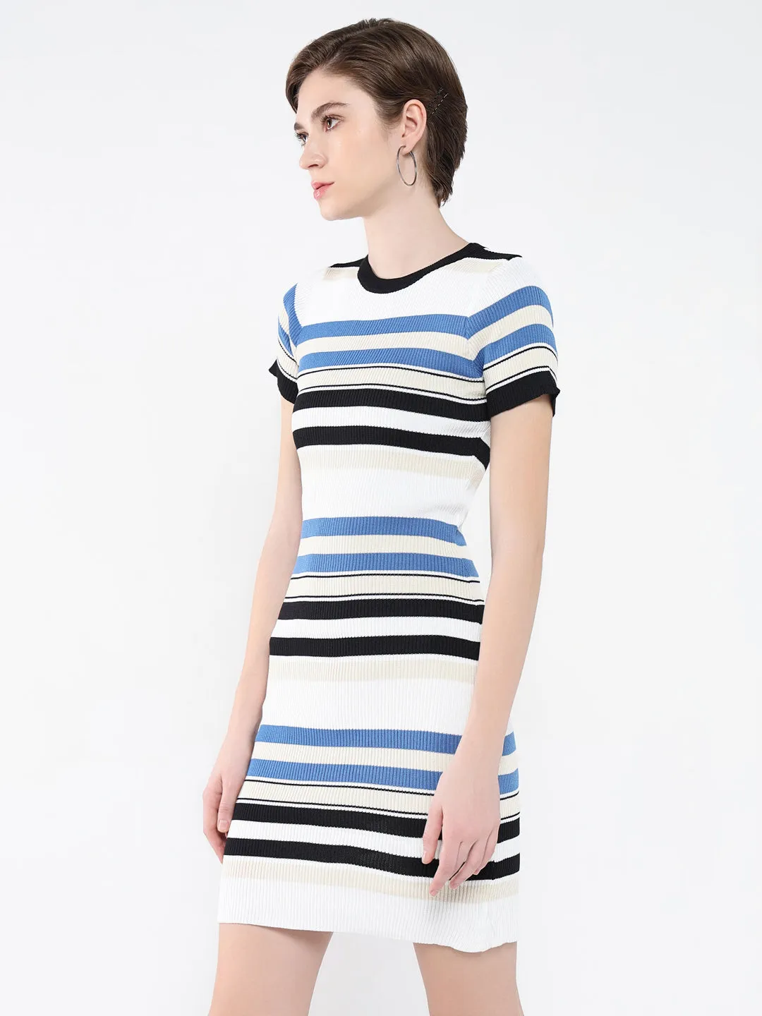 Chill Friendly Women's Off White Striped Bodycon Dress
