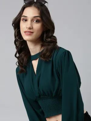 Women's Green Keyhole Neck Cuffed Sleeves Smocked Empire Crop Top Retro nostalgia UV Protection Fabric