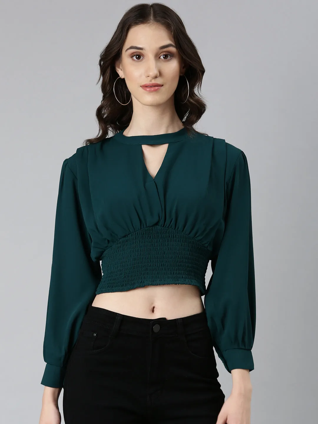 Luxury exclusivity Women's Green Keyhole Neck Cuffed Sleeves Smocked Empire Crop Top