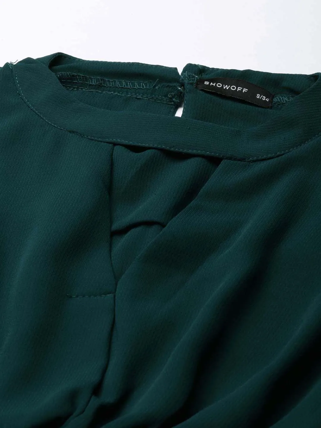 Versatile Wardrobe Piece Value for Money Women's Green Keyhole Neck Cuffed Sleeves Smocked Empire Crop Top