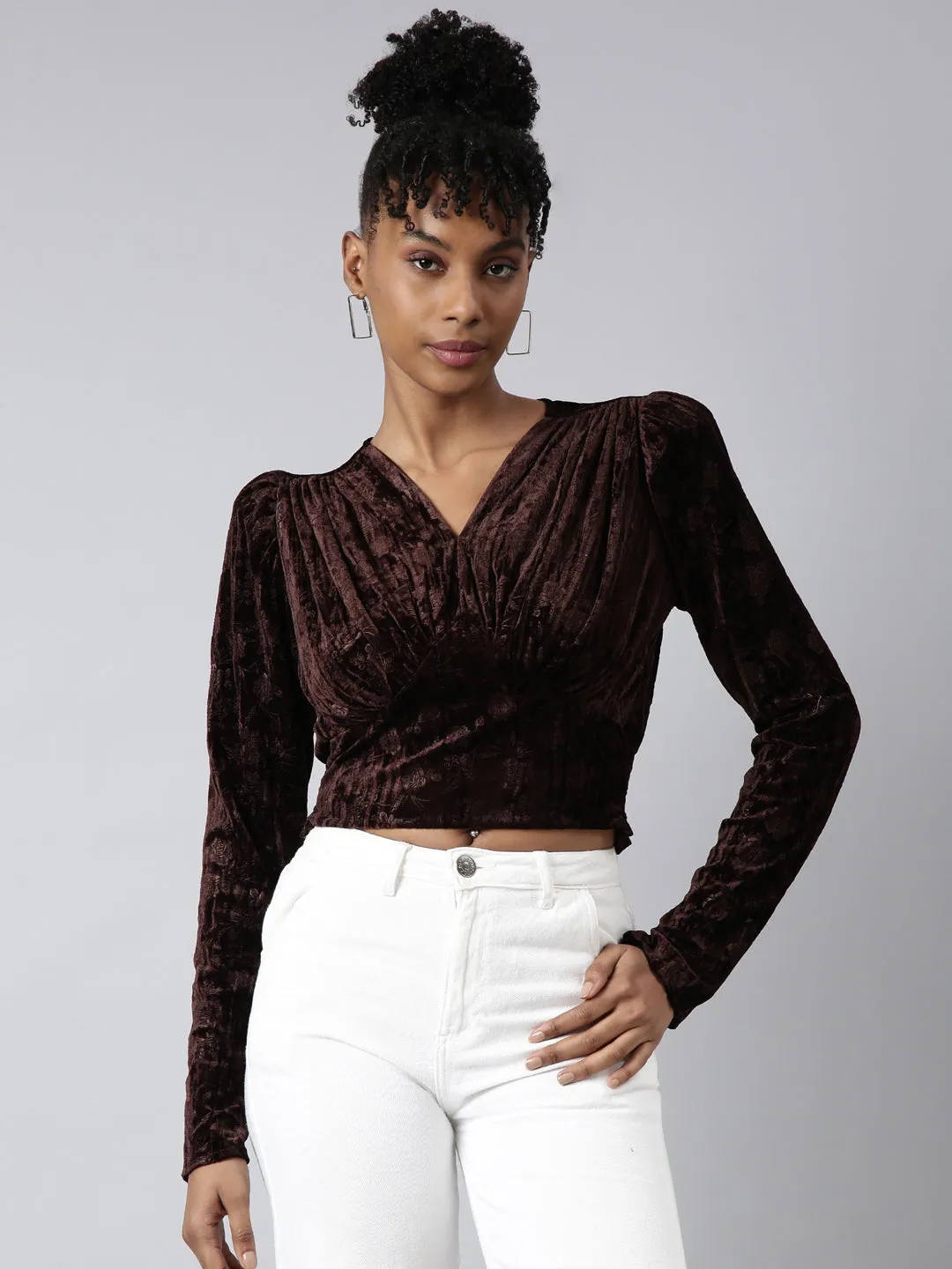 Women's Brown Long Sleeves V-Neck Self Design Cinched Waist Crop Top Seasonal Trend