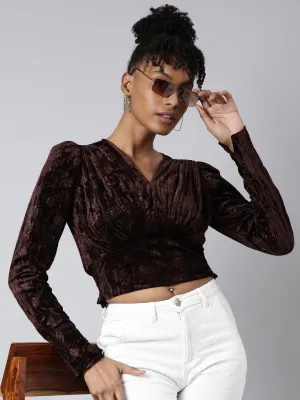 Women's Brown Long Sleeves V-Neck Self Design Cinched Waist Crop Top Layered Look