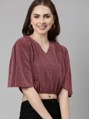 Women's Magenta Self Design Flared Sleeve Blouson Crop Top Trendy Comfort