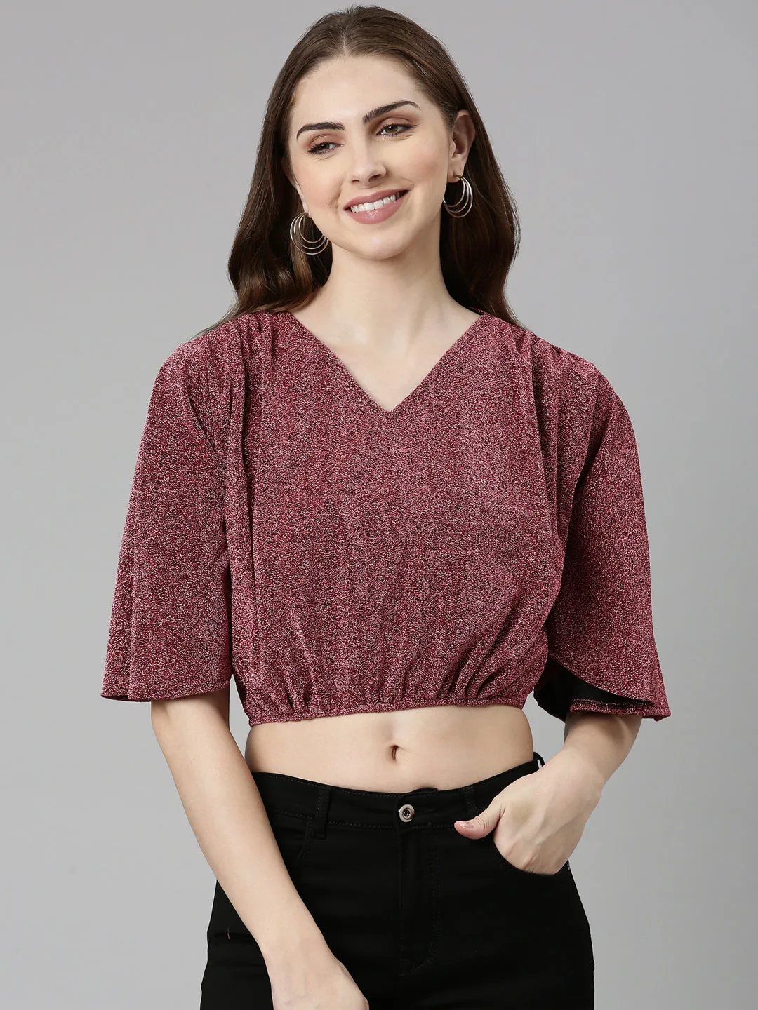 Perfect for Layering Women's Magenta Self Design Flared Sleeve Blouson Crop Top