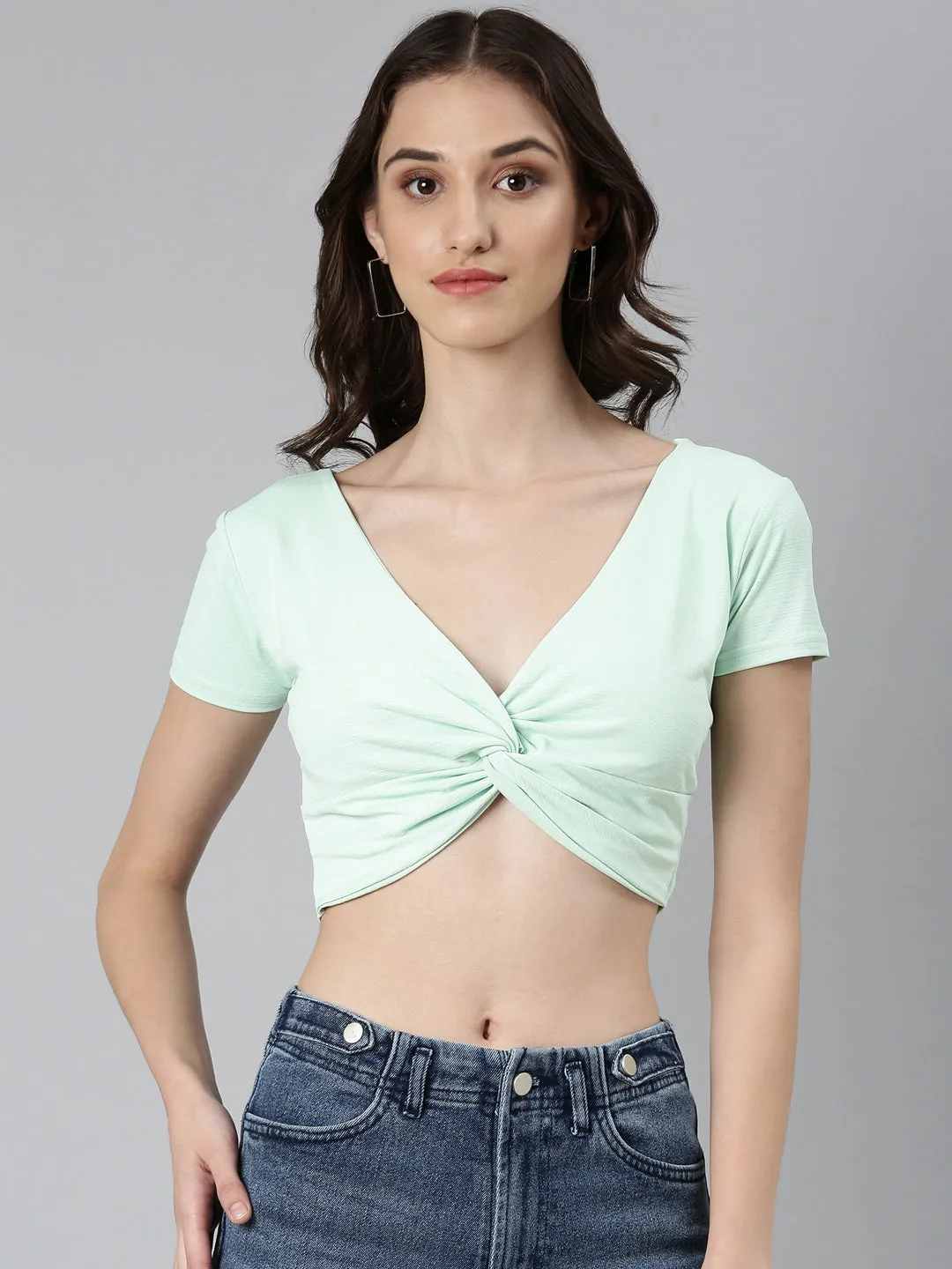 ColorfastFabricTech Women's Sea Green V-Neck Cotton Twisted Crop Top