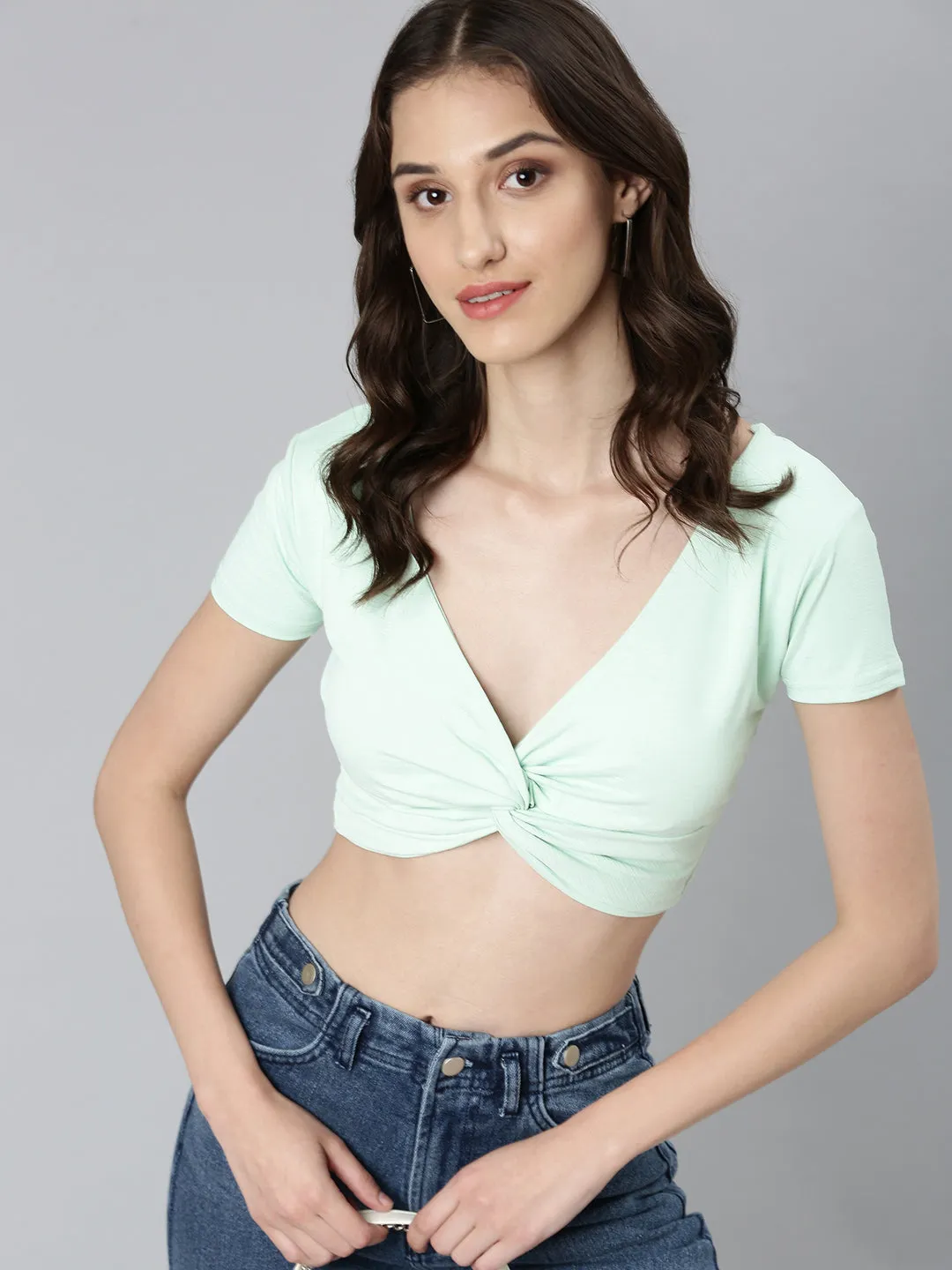 Quick Dry Wear Cozy Flex Women's Sea Green V-Neck Cotton Twisted Crop Top