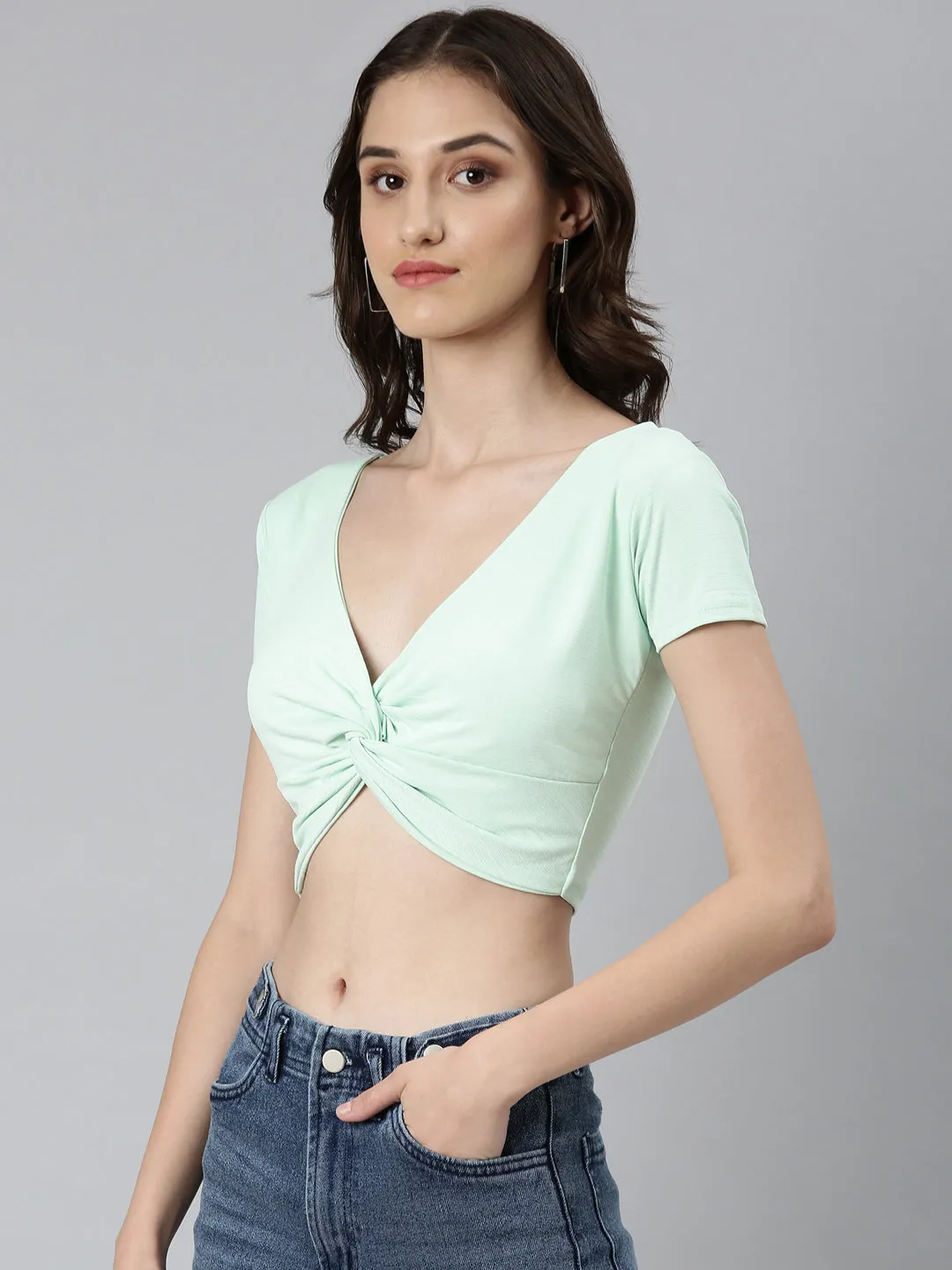 Light Stretch Seasonal Comfort Women's Sea Green V-Neck Cotton Twisted Crop Top