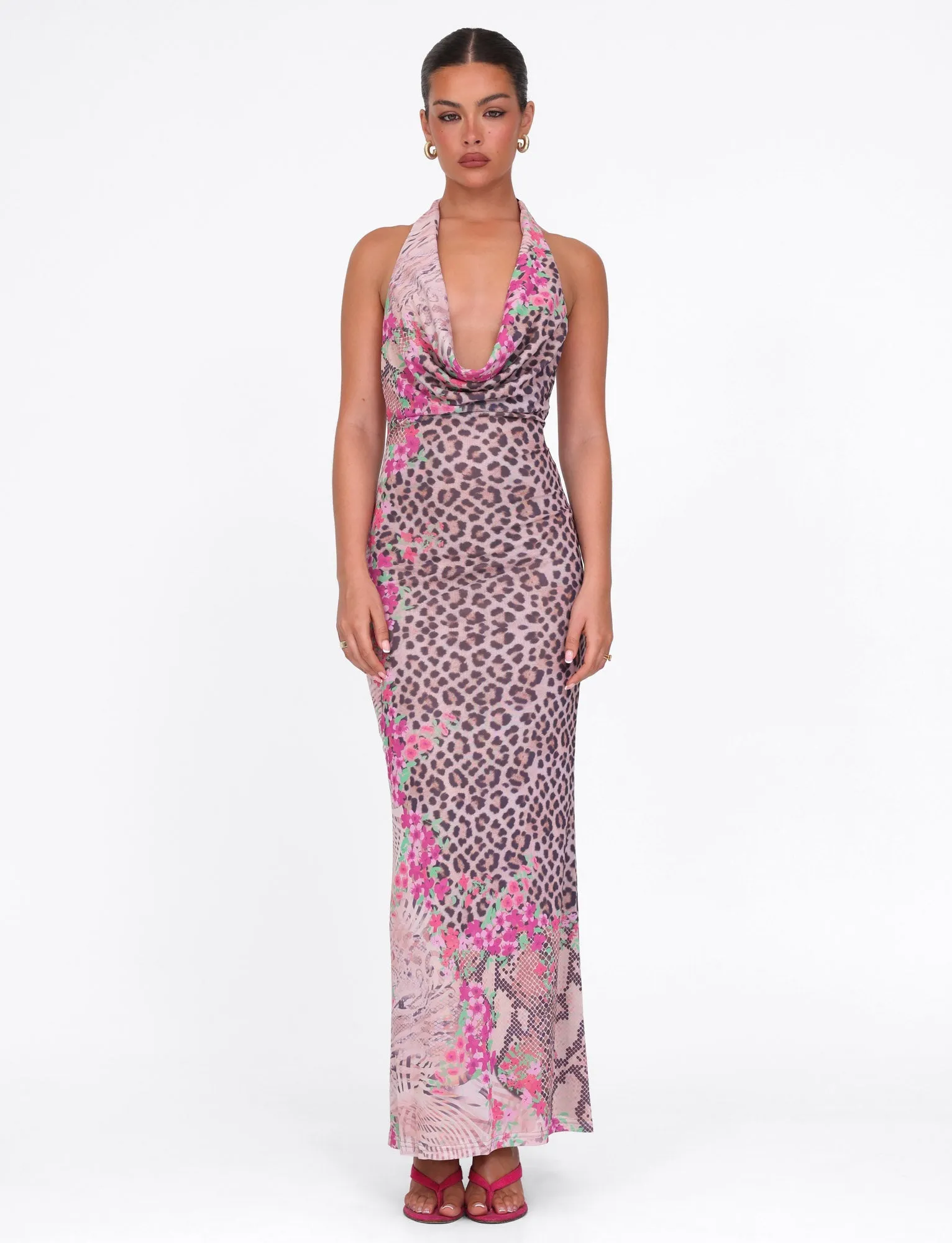 CATALINA MAXI DRESS - NEUTRAL : ANIMAL : ANIMAL FLORAL BORDER Smart Fabric Body Safe