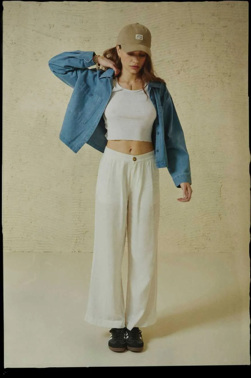 High Quality Material Street Comfort Vintage Linen Blend Wide Leg Pant - Off White