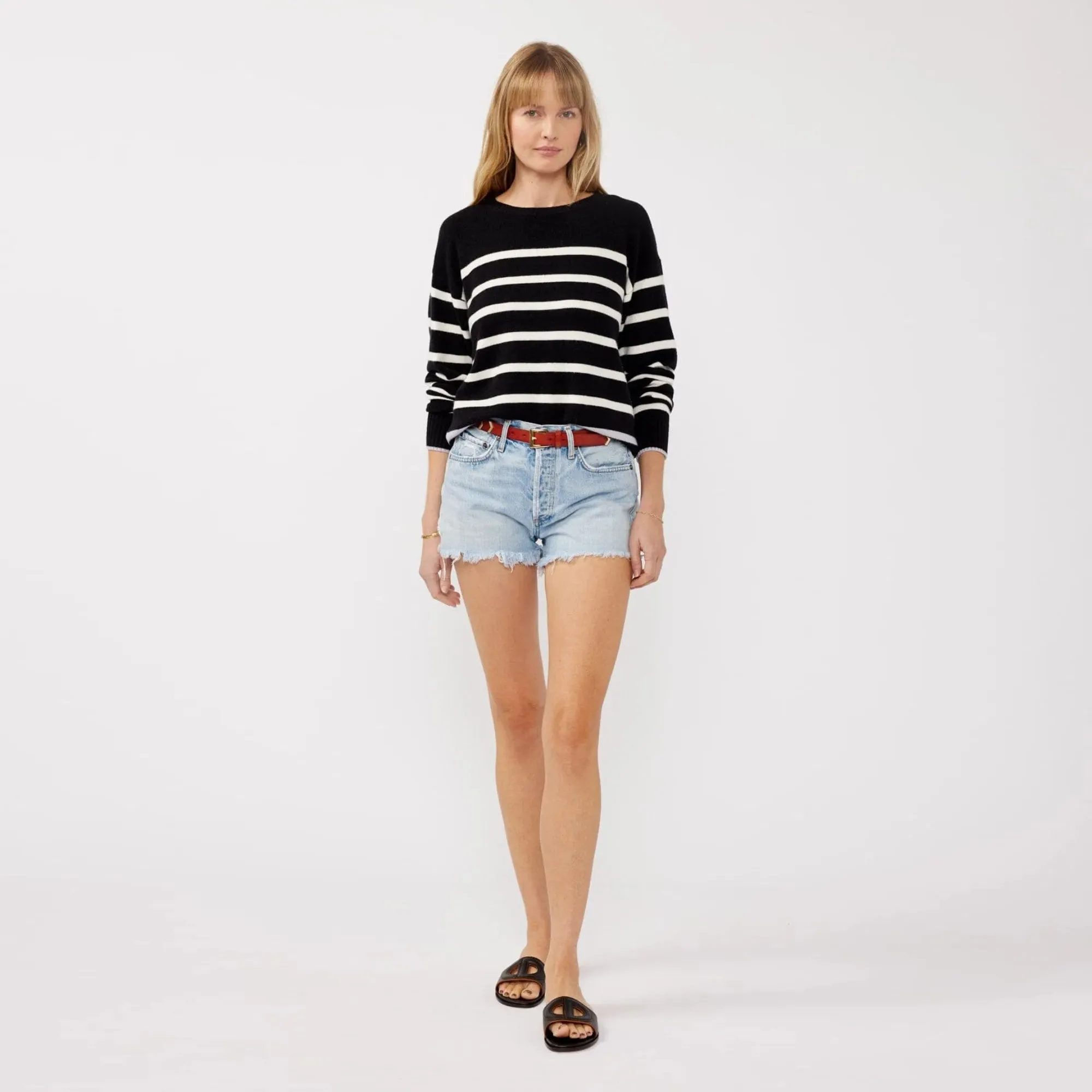 Pop Color Stripe Crewneck Sweater (Black   White) Ventilated Armhole Design