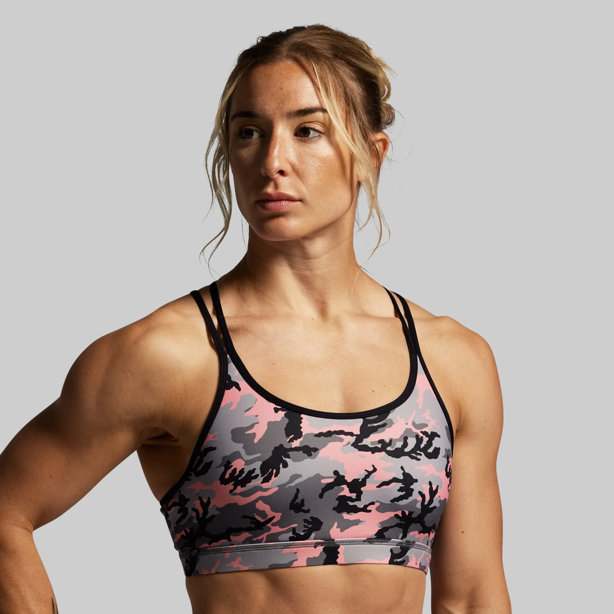 Comfortable Hold Non-Restrictive Band Warrior Sports Bra (Pink Woodland)