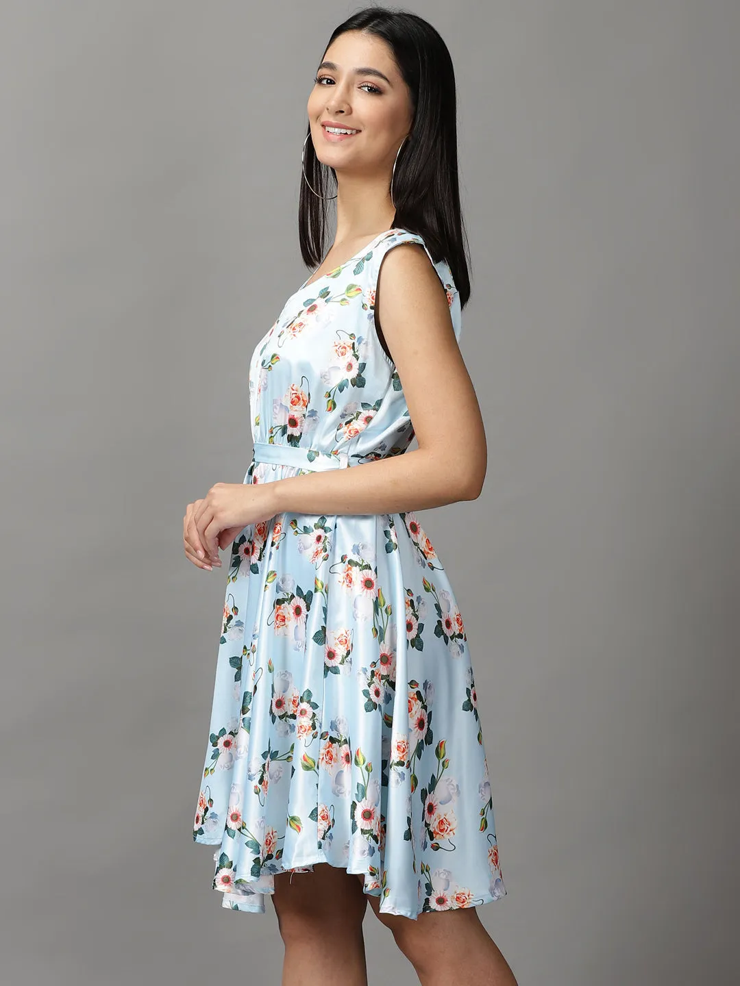 Women's Blue Floral Satin Fit & Flare Dress Relaxed and Effortless