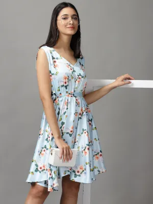 Slit Detail Pastel Sky Women's Blue Floral Satin Fit & Flare Dress
