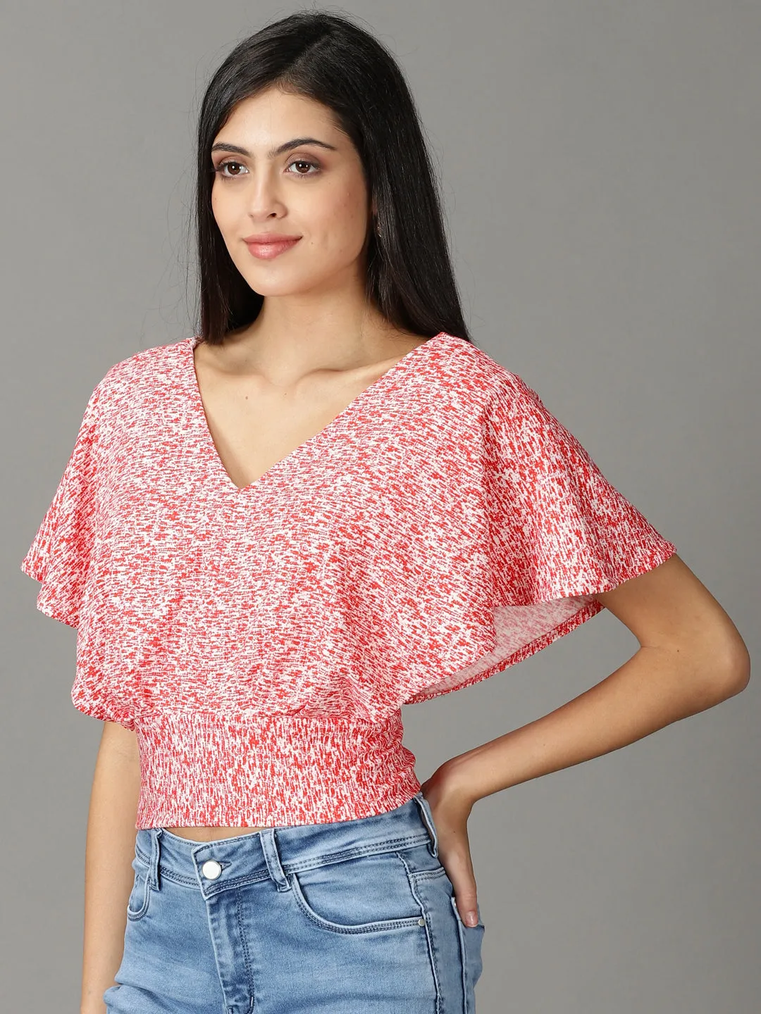 Ultra Soft Texture V neck style Women's Red Floral Print Crop Top