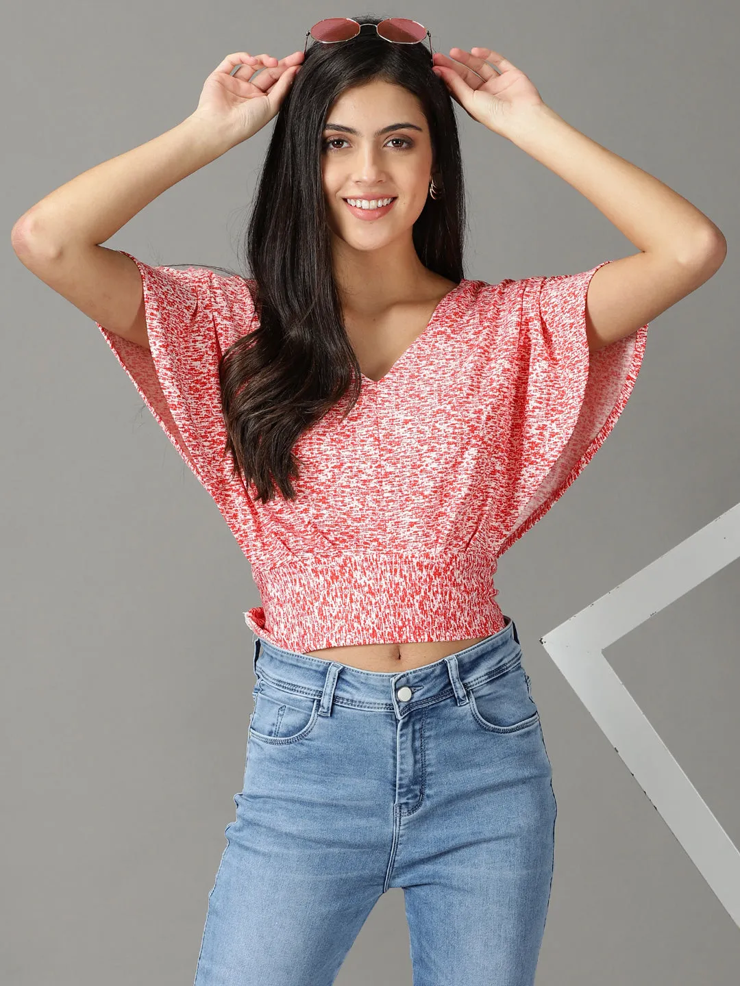 Women's Red Floral Print Crop Top Leisure Casual
