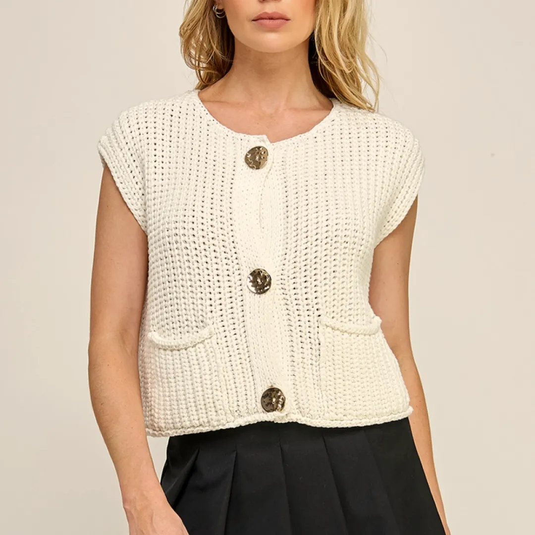 NonRestrictive Cut Crochet Chunky Knit Vest Button Down
