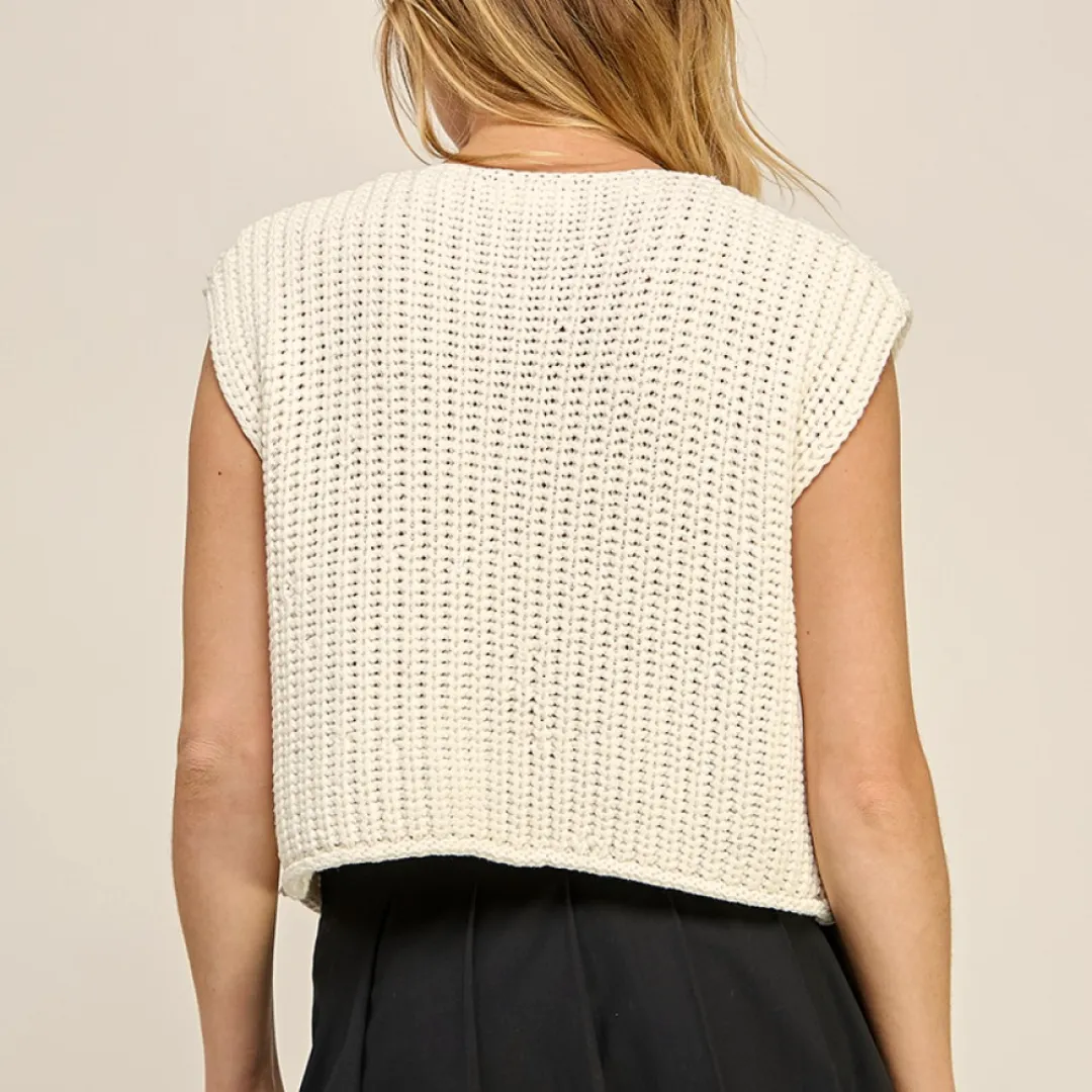 Crochet Chunky Knit Vest Button Down Sporty Chic MultiPocket Layout