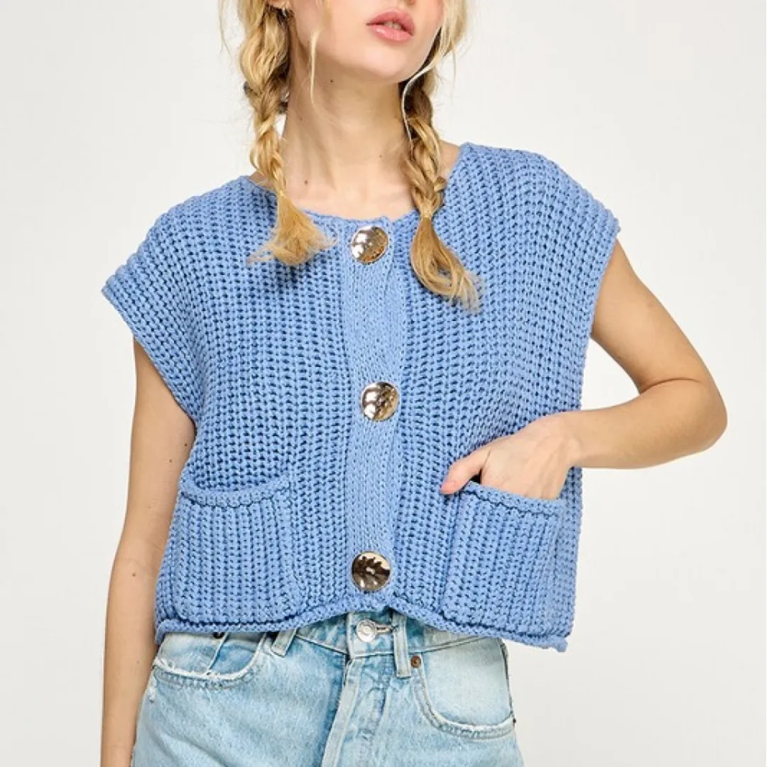 Checkered Style Wrinkle Free Material Crochet Chunky Knit Vest Button Down